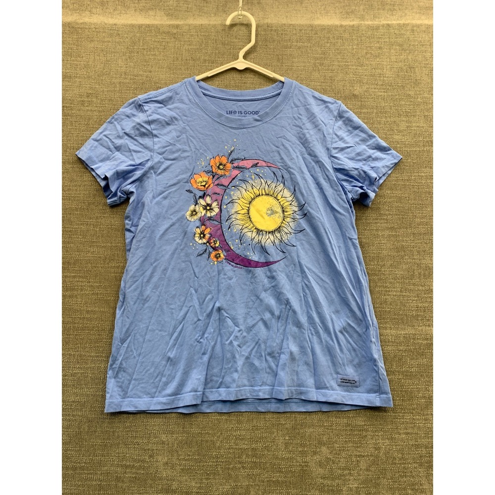 Life Is Good Crusher Moon Flower T Shirt Womens Large Blue Graphic Print Cotton